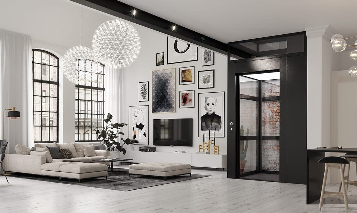 Neutral/white colour palette and black colour accents for selected furniture and home lift.