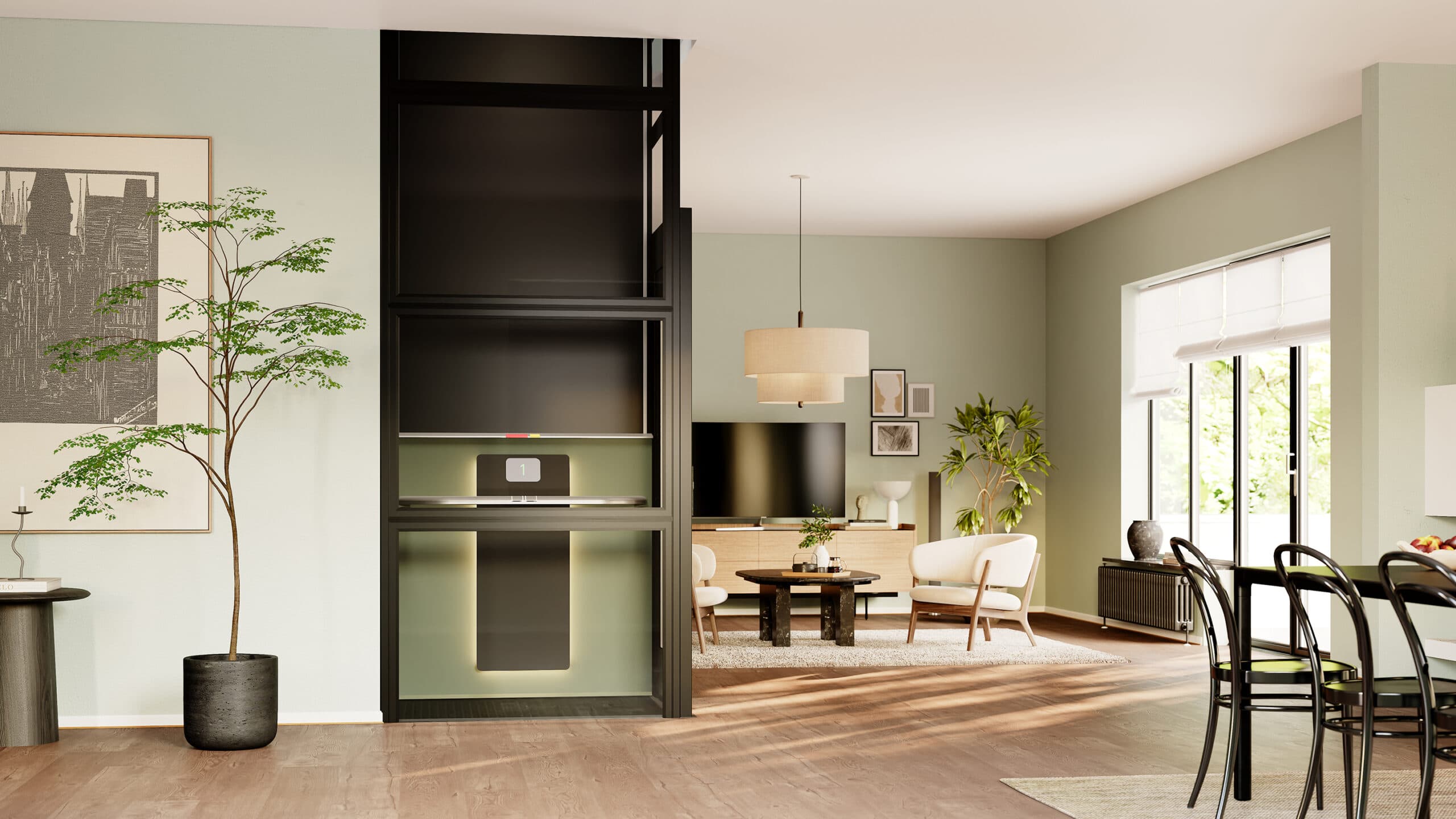 Black Kalea Atmos residential lift in a living room and diner with modern furniture, plants, abstract art, light wooden floors and light green walls.