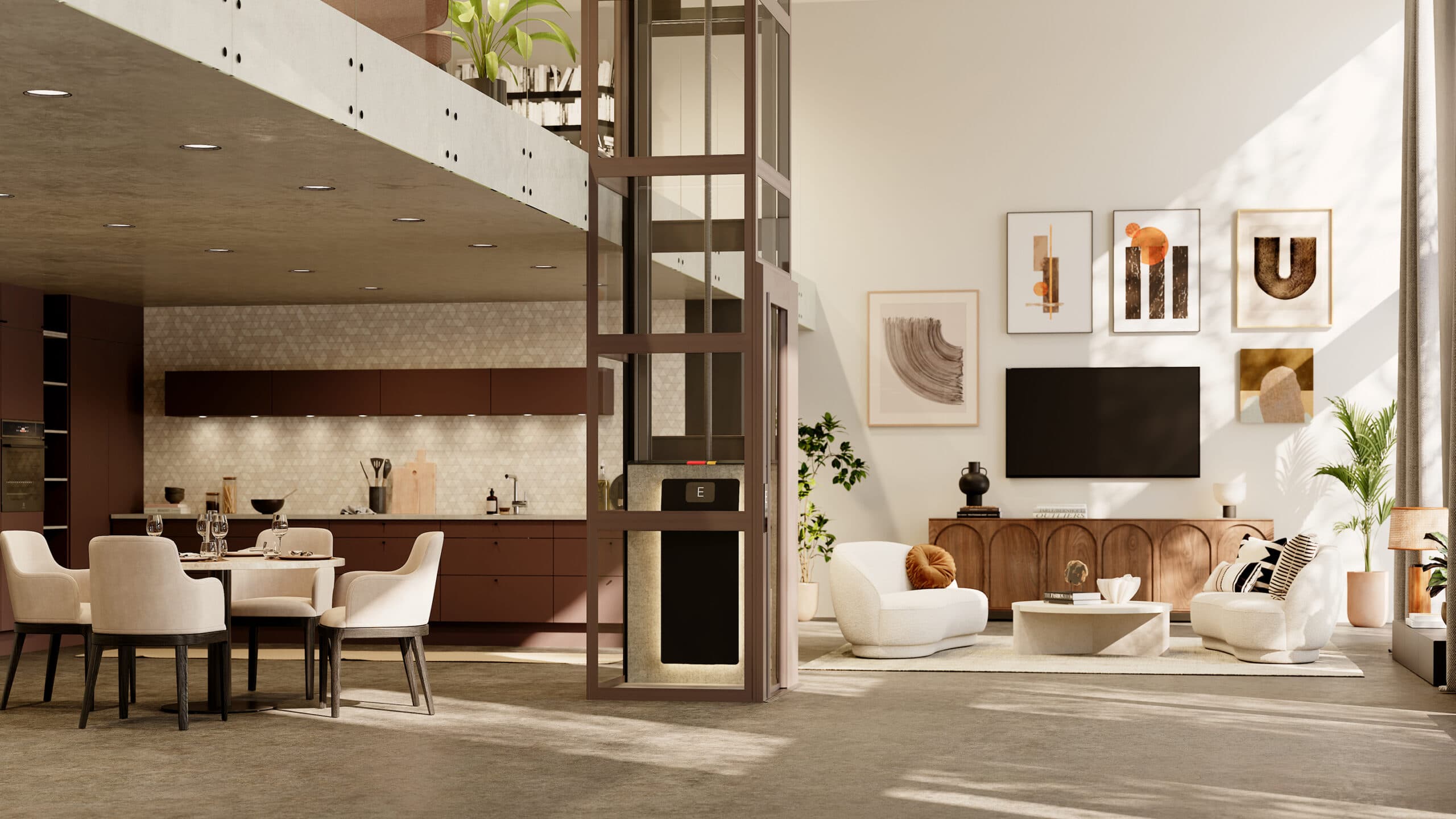 Brown Kalea Atmos domestic platform lift with glass shaft in a spacious, modern style living room with mezzanine floor, white walls, concrete flooring, contemporary furniture in white and brown colours on the right, and a modern, chocolate brown kitchen on the left.