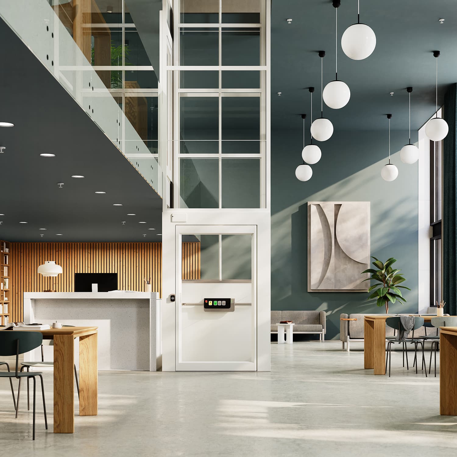White Kalea Luna platform elevator in a public library with dark green walls and ceilings and white travertine floors.