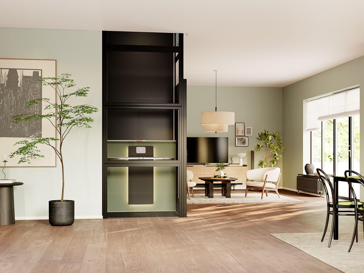 Un ascenseur domestique Kalea Atmos noir et vert trône au centre d'un salon aux murs vert clair et avec des sols en bois clair, décoré avec un mobilier et des œuvres d'art modernes, une suspension sculpturale blanche et des plantes vertes.