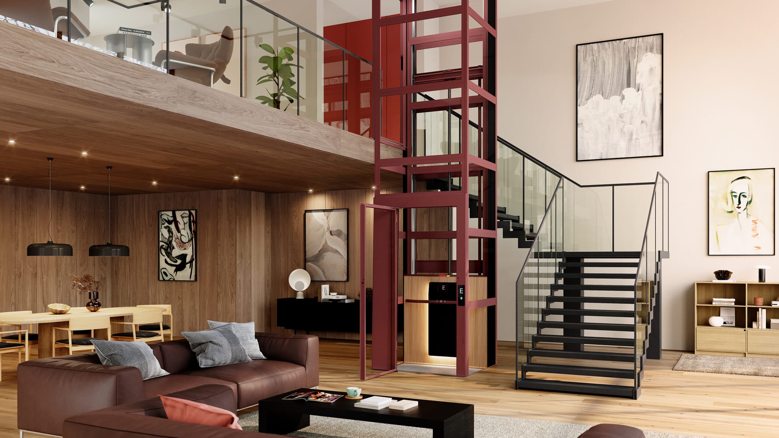 Mörkröd Kalea Atmos hemhiss med plattformsbakpanel i trä, svart frontpanel och glasschakt installerad i en rymlig loftlägenhet med krämvita väggar och trägolv, dekorerad med moderna möbler och samtida konst.